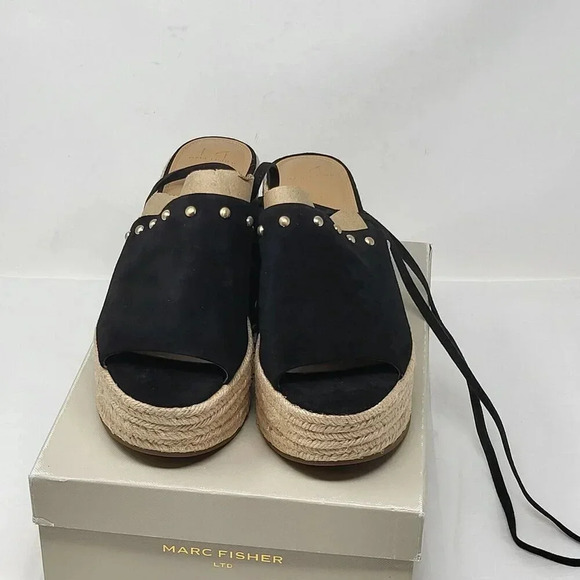 MARC FISHER BLACK SUEDE VERENA ESPADRILLE LACE UP PLATFORM SANDALS Size 10 M - Picture 3 of 10